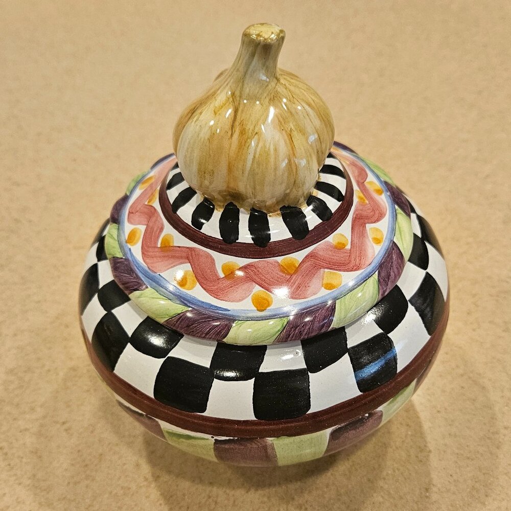 RARE NEW MACKENZIE CHILDS PICCADILLY CERAMIC GARLIC KEEPER STORAGE CANISTER JAR
